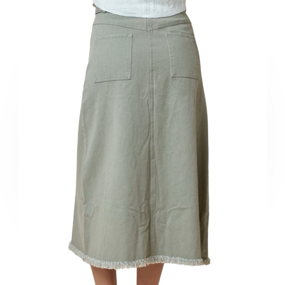 280. Women’s Olive Cotton Twill Belted Raw Hem Skirt NEW - Picture 2 of 2